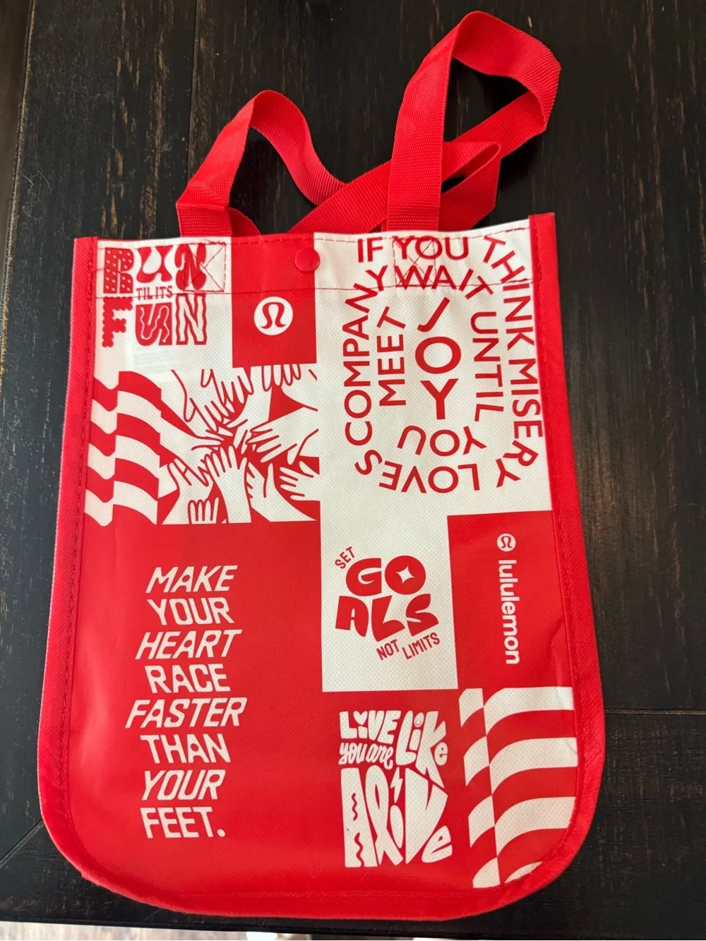 New Lululemon Red Graphic Patchwork Reusable Tote collage of motivational quotes